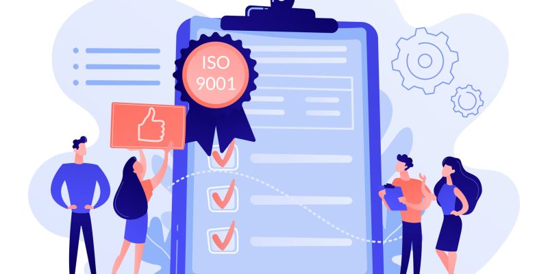 Tiny business people like standard for quality control. Standard for quality control, ISO 9001 standard, international certification concept. Pink coral blue vector isolated illustration