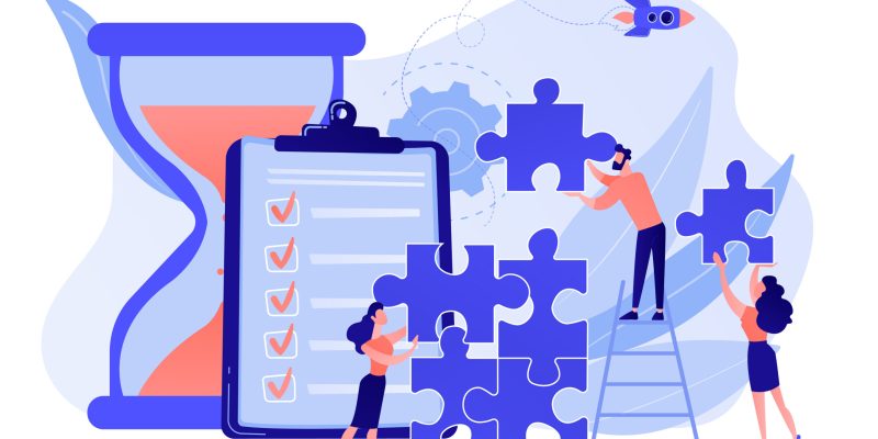 Project management. Business process and planning, workflow organization. Colleagues working together, teamwork. Project delivery concept. Pinkish coral bluevector isolated illustration