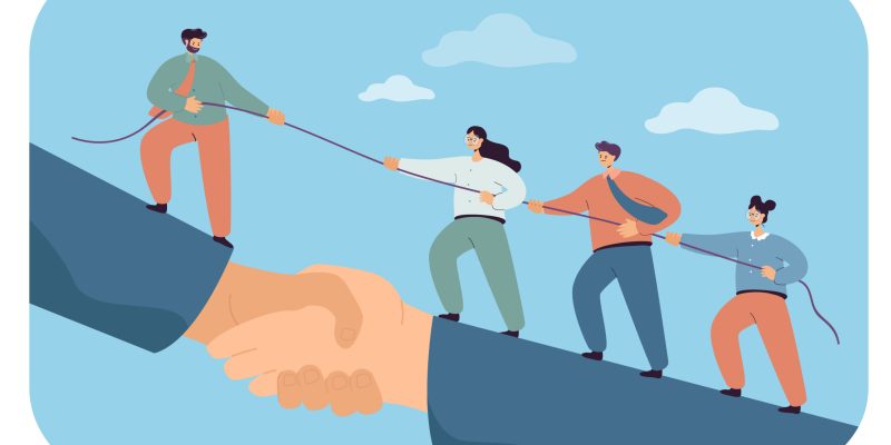 Business team climbing giant handshake with support of leader. Flat vector illustration. Cooperation of employees striving for success and career achievements. Leadership, teamwork, growth concept