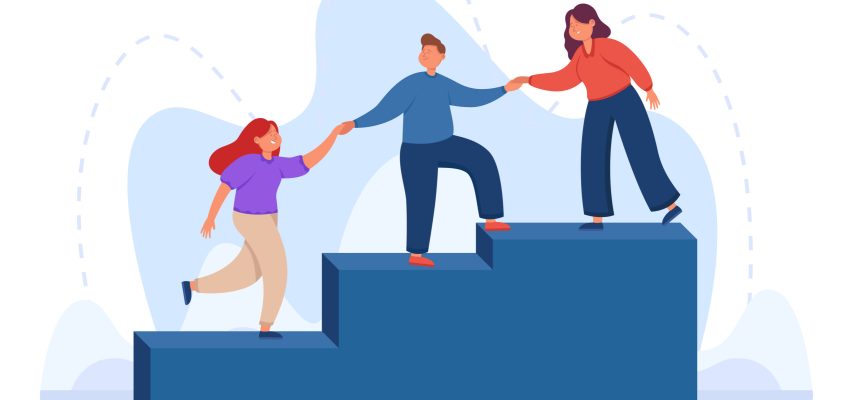Help and support to climbing employee from mentor or leader hand. Team of corporate people walking up ladder together flat vector illustration. Success career growth, leadership, teamwork concept